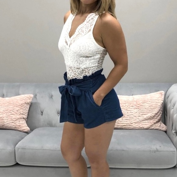 Denim blue Paperbag shorts with tie small medium large NWT New - Picture 3 of 10